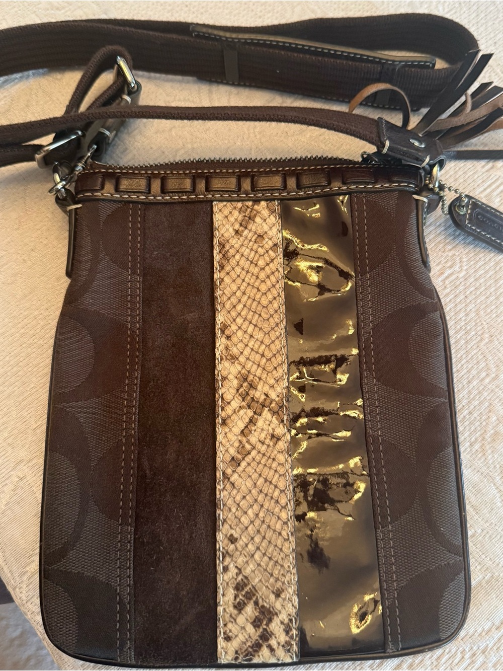 Coach Brown Signature Crossbody with Snake-Print & Patent Stripes